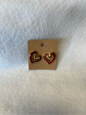 Avon Gold and Red Double Heart Stud Earrings - Women Jewelry
